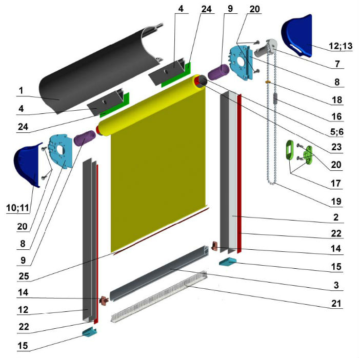 Подробная схема комплектующих, из которых состоят рулонные шторы